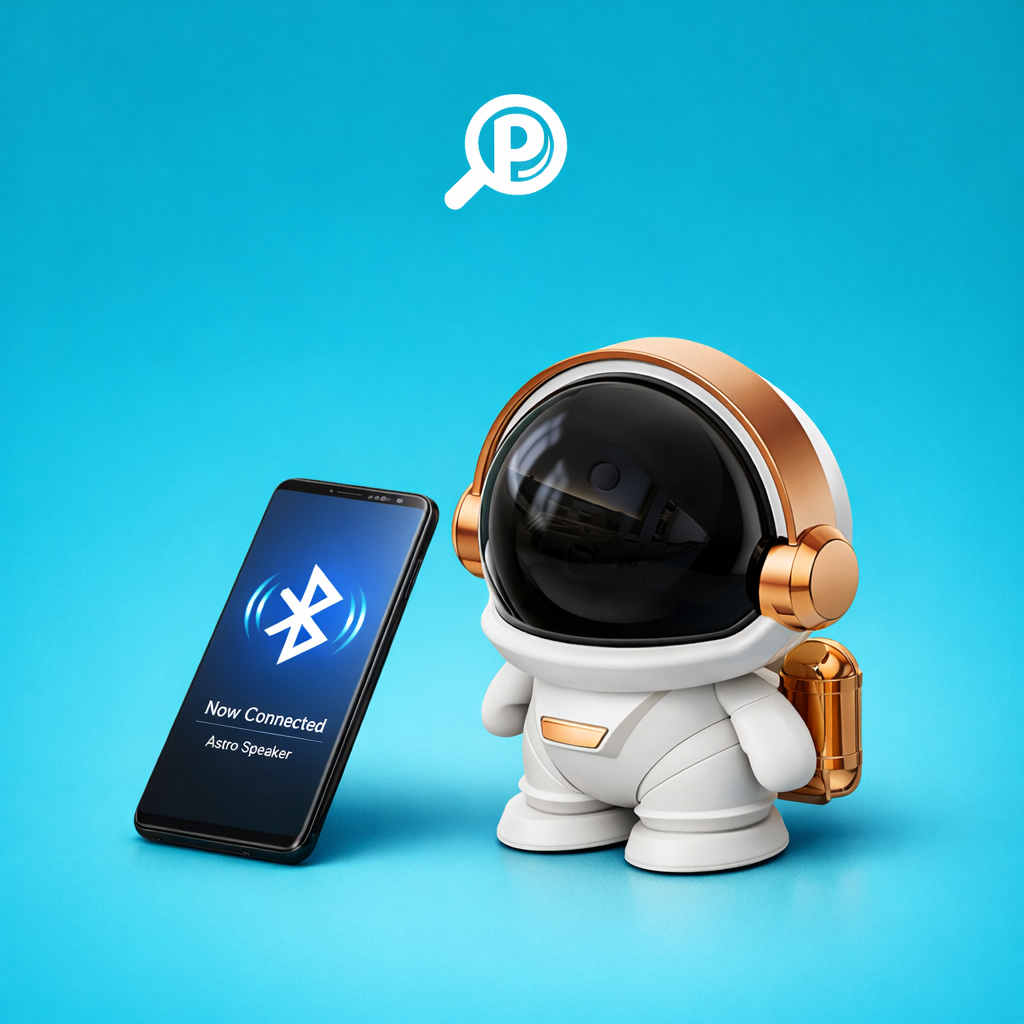 Parlante Bluetooth con forma de astronauta en blanco y negro, sobre fondo gris suave. Imagen Portada | Pillaca