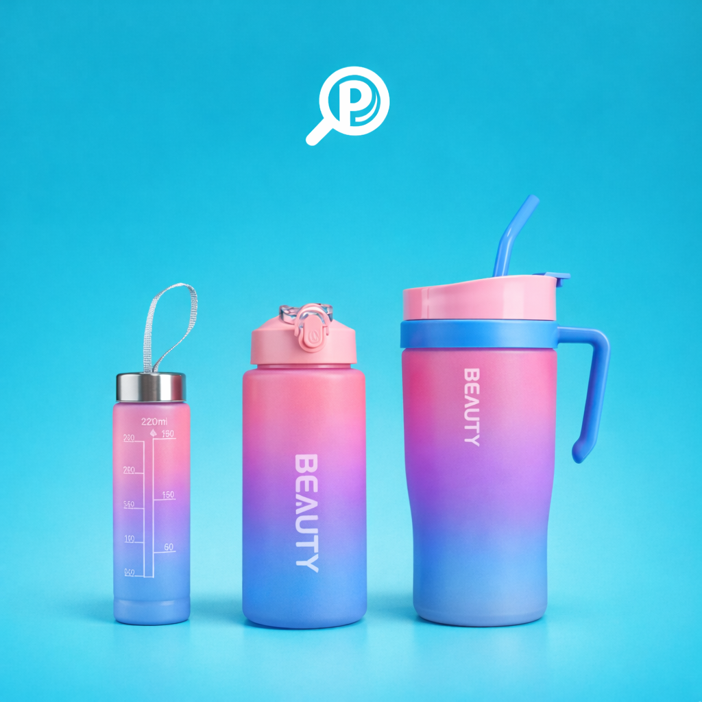 Set de tres termos plásticos de 1500ml, 400ml y 280ml con stickers y pines a un lado. Imagen Portada | Pillaca