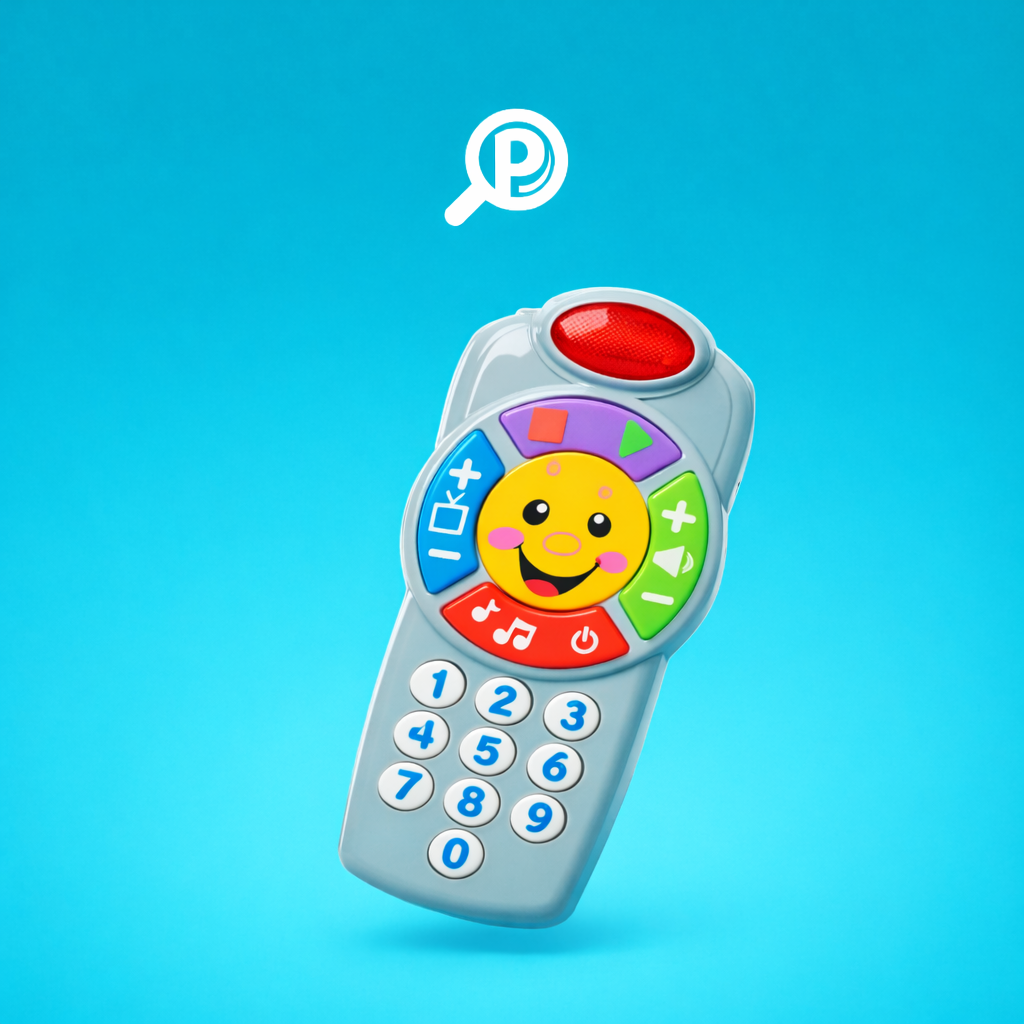 Control remoto interactivo educativo infantil color rojo y azul con botones de números y carita sonriente. Imagen Portada | Pillaca