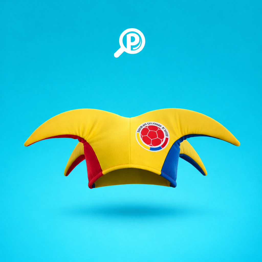 Gorro tipo Alerquín 4 puntas con los colores amarillo azul y rojo de la selección Colombia sobre fondo blanco. Imagen Portada | Pillaca