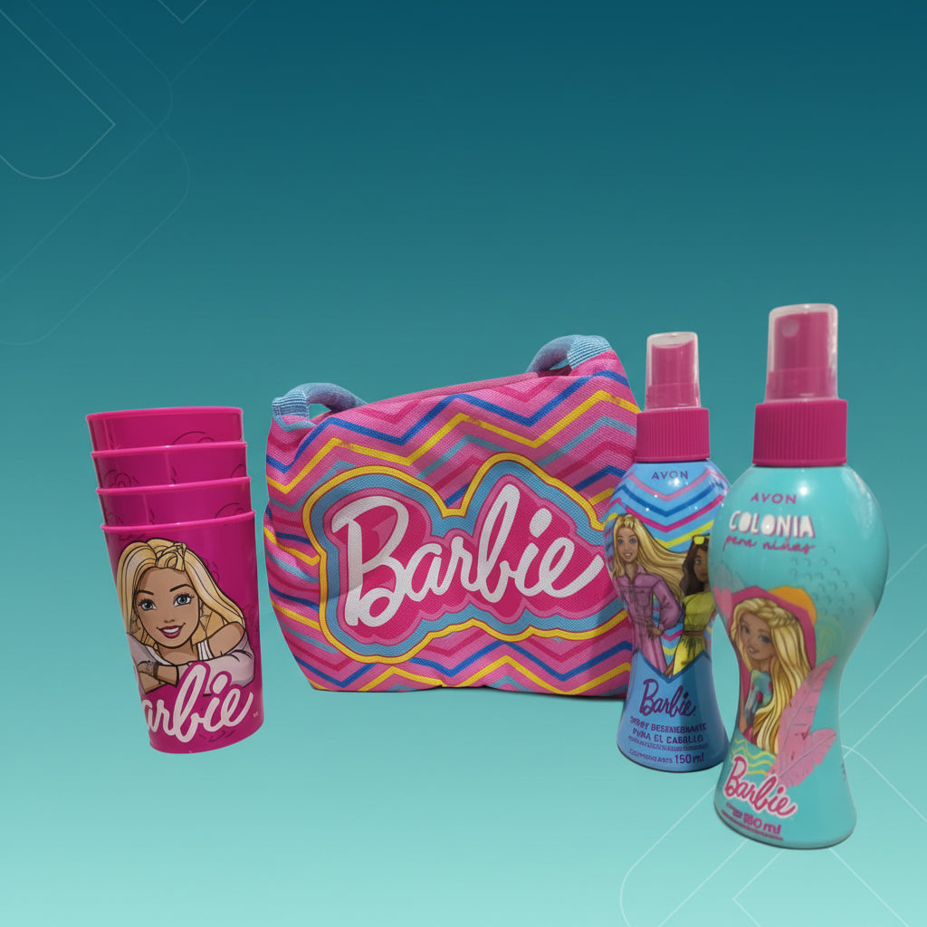 AVON Regalo Barbie: Mini bolso Barbie (22x16x17 cm) + Colonia para niñas (150 ml) + Spray desenredante para el cabello (150 ml) + Set de vasos Barbie (4x200 ml)