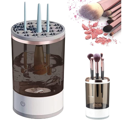 Limpiador de brochas eléctrico blanco con brochas girando en su interior sobre fondo rosa | Pillaca