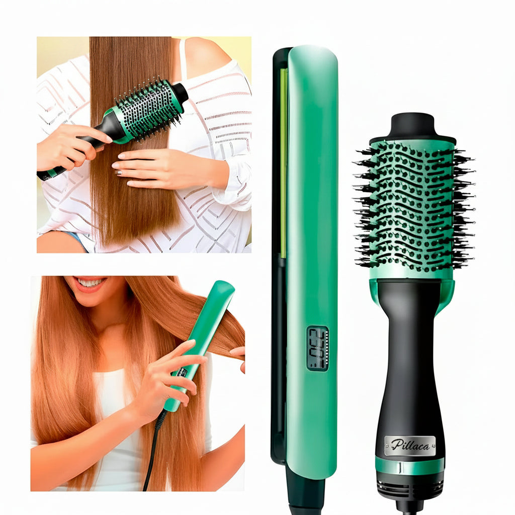 Combo 2 en 1: plancha alisadora y cepillo secador PRO para cabello liso y voluminoso | Pillaca