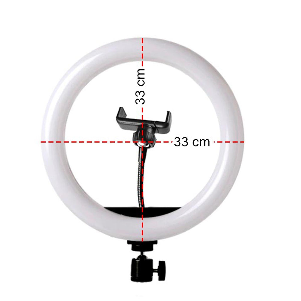 Aro de luz LED de 33 cm con soporte para celular, emitiendo luz cálida sobre fondo blanco 002. | Pillaca
