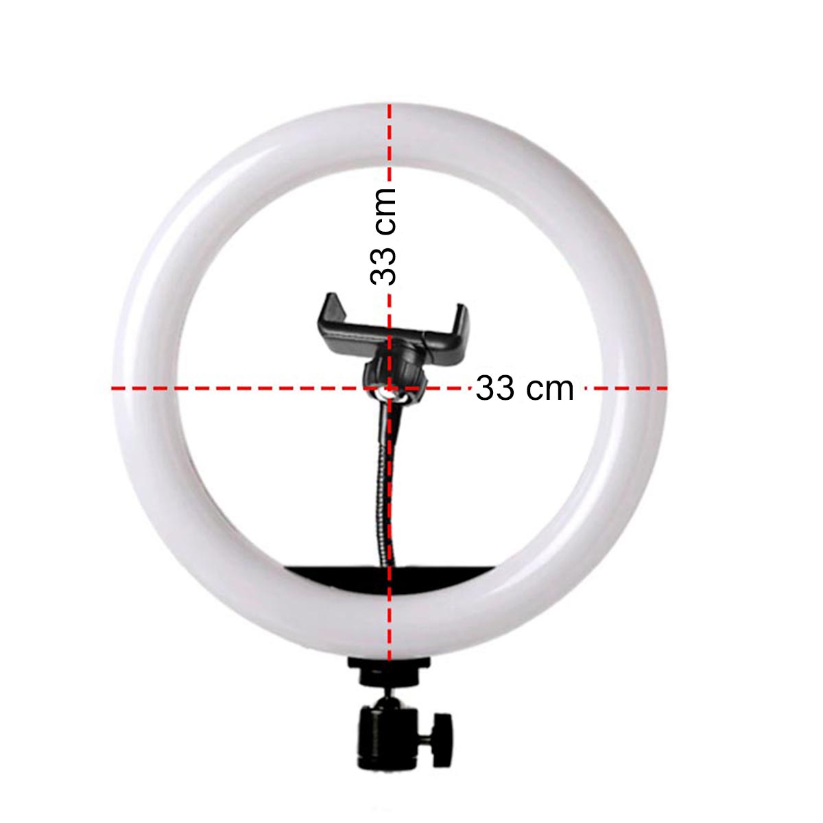 Aro de luz LED de 33 cm con soporte para celular, emitiendo luz cálida sobre fondo blanco 002. | Pillaca