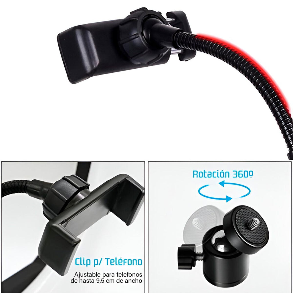 Aro de luz LED de 33 cm con soporte para celular, emitiendo luz cálida sobre fondo blanco 006. | Pillaca
