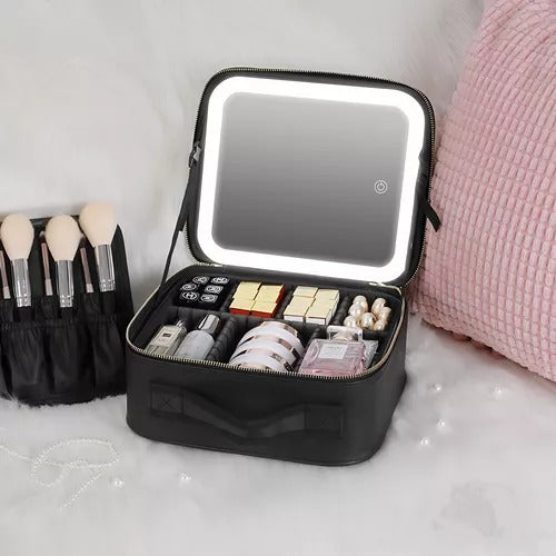 Bolso organizador de maquillaje con espejo LED de 3 niveles, compartimento para brochas y material impermeable | Pillaca