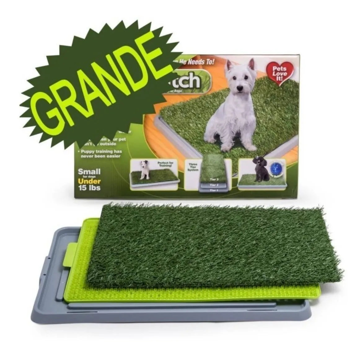 Tapete Potty Patch para mascotas, sistema de 3 niveles con césped sintético antimicrobiano, charola reja y base recolectora, medidas 68x42x5 cm | Pillaca