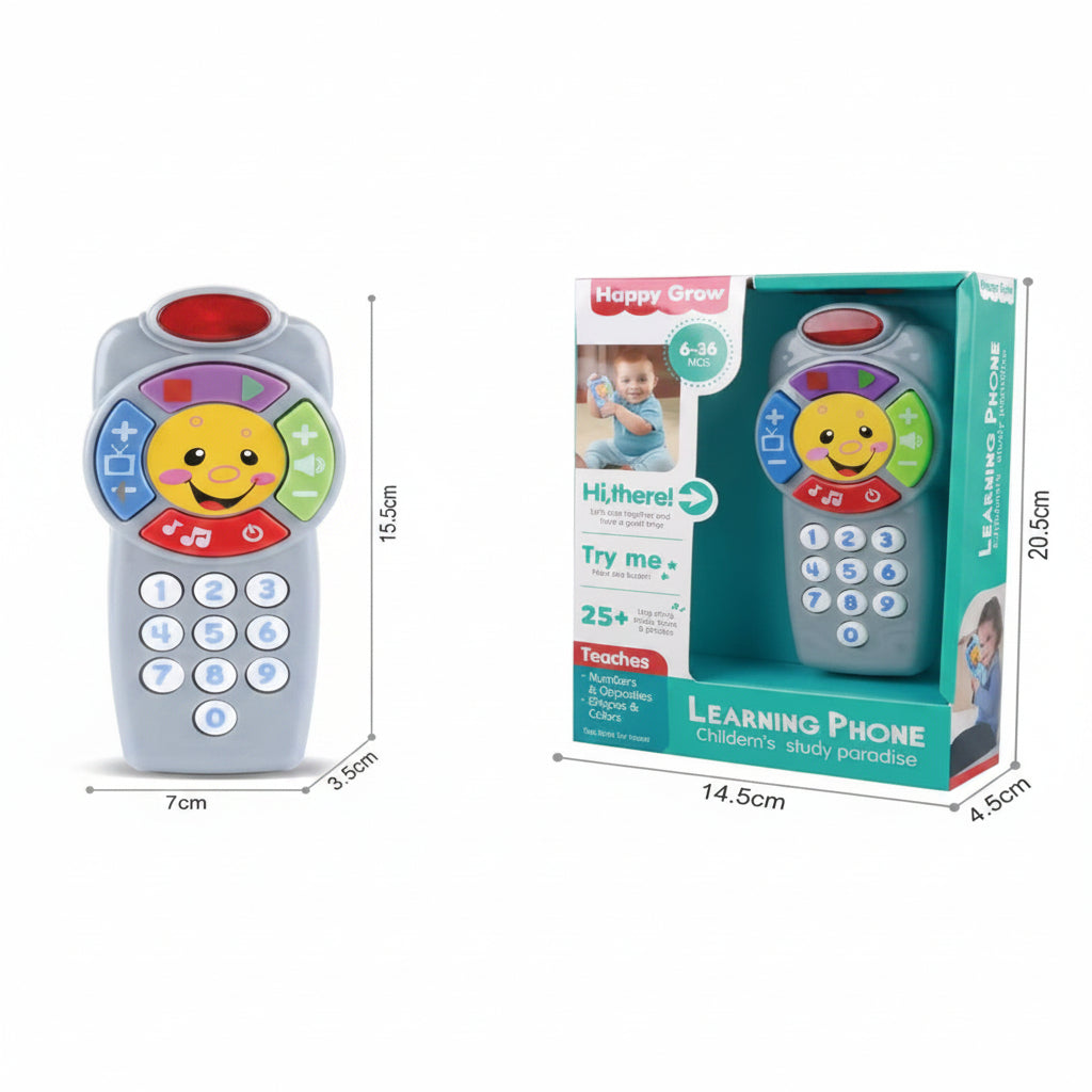 Control remoto interactivo educativo infantil color rojo y azul con botones de números y carita sonriente | Pillaca