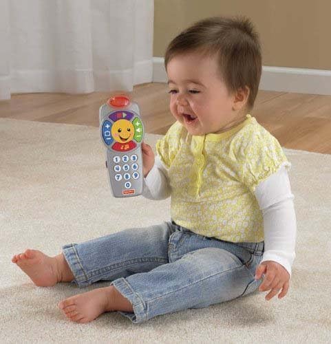 Control remoto interactivo educativo infantil color rojo y azul con botones de números y carita sonriente | Pillaca
