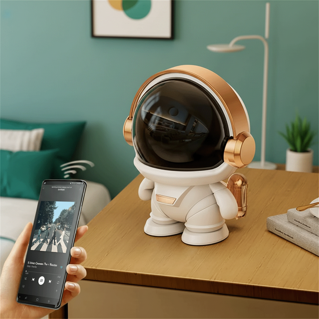 Parlante Bluetooth con forma de astronauta en blanco y negro, sobre fondo gris suave. | Pillaca