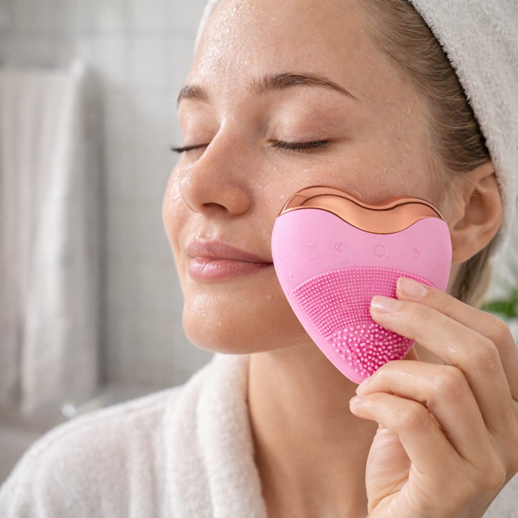 Limpiador y masajeador facial de silicona con cerdas suaves y forma de corazón | Pillaca