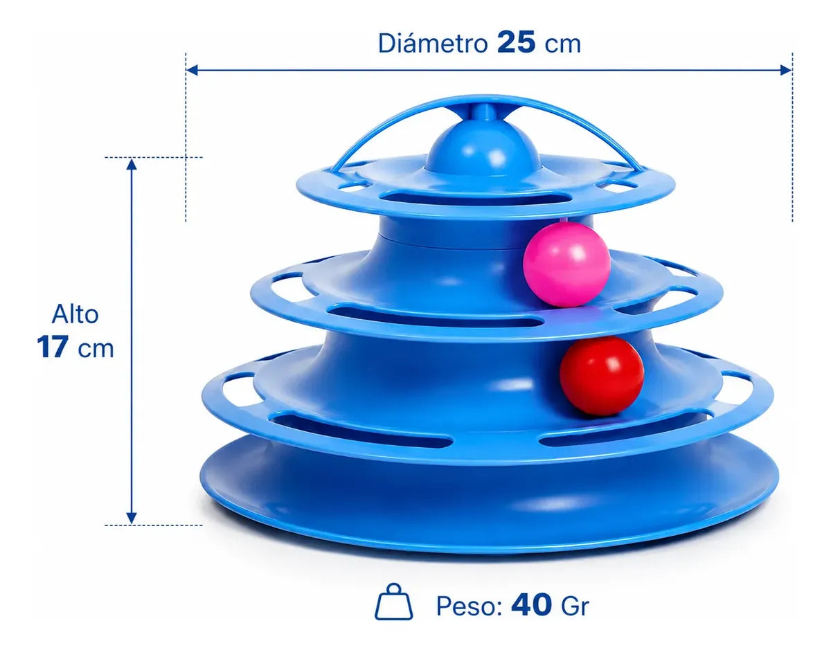 Torre interactiva de 4 niveles para gatos, con pelotas giratorias, material plástico ABS, estimulación física y mental, base estable | Pillaca
