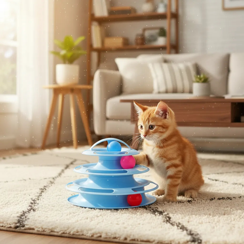 Torre interactiva de 4 niveles para gatos, con pelotas giratorias, material plástico ABS, estimulación física y mental, base estable | Pillaca