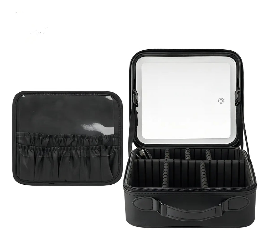Bolso organizador de maquillaje con espejo LED de 3 niveles, compartimento para brochas y material impermeable. Imagen Portada | Pillaca