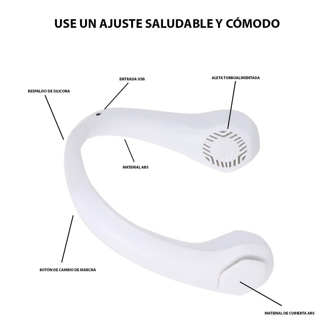 Ventilador de cuello portátil sin aspas, 3 velocidades, batería recargable USB de 4 a 16 horas, diseño seguro y silencioso | Pillaca