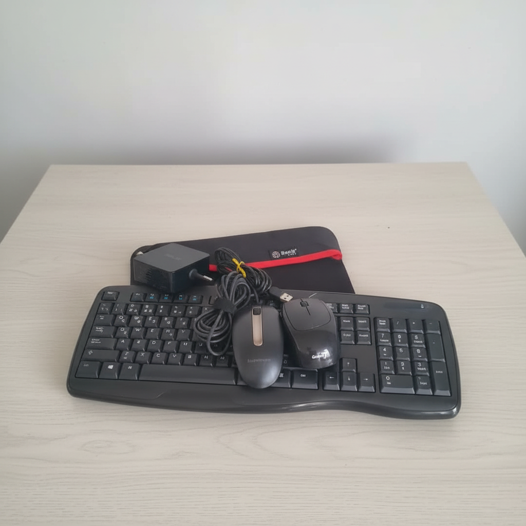 Portátil Asus X442URR color gris cerrado sobre fondo blanco con mouse y teclado inalámbrico. Img 03 | Pillaca