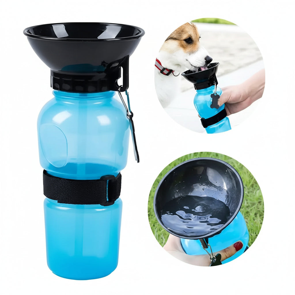 Bebedero portátil para mascotas color azul transparente derramando agua en el tazón integrado, fondo blanco | Pillaca