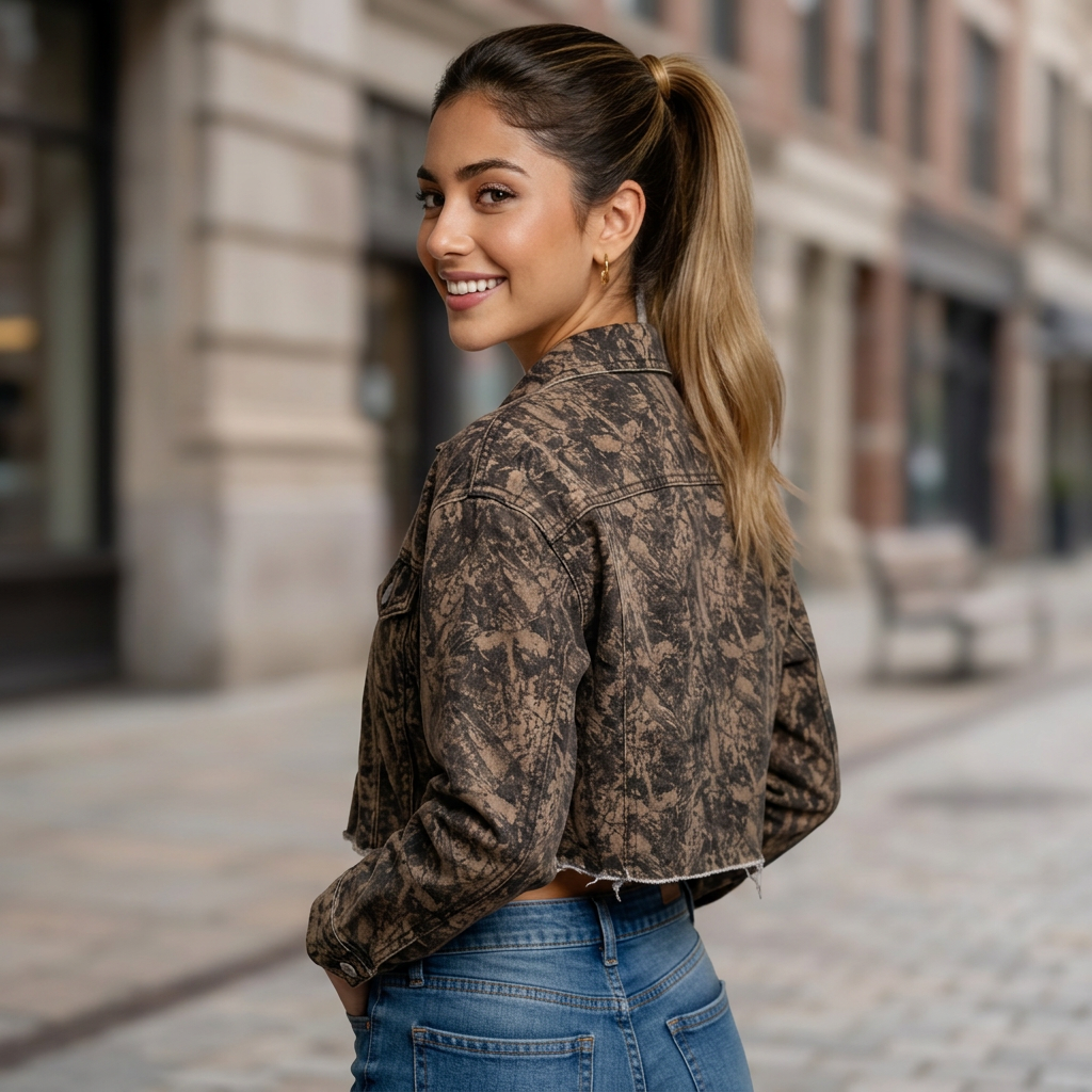 Chaqueta Alma Café para mujer, corte clásico sin pretina, 100% algodón, estampado en tonos café, tallas S a XL | Pillaca