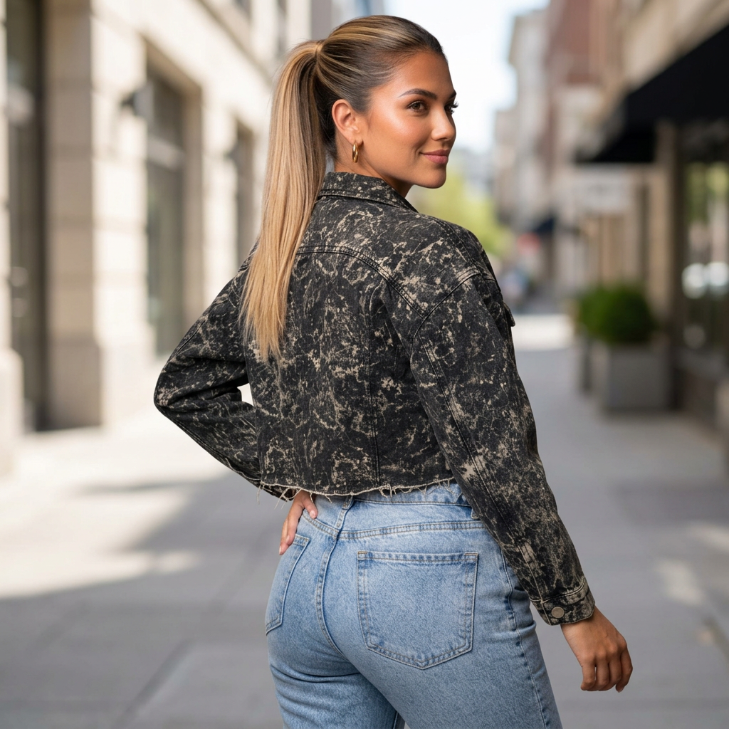 Chaqueta Alma Negro para mujer, corte clásico sin pretina, 100% algodón, estampado en tonos café, tallas S a XL | Pillaca