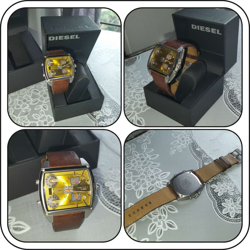 Reloj Diesel DZ7327 caja rectangular acero inoxidable correa piel marrón fondo blanco. Img 02 | Pillaca