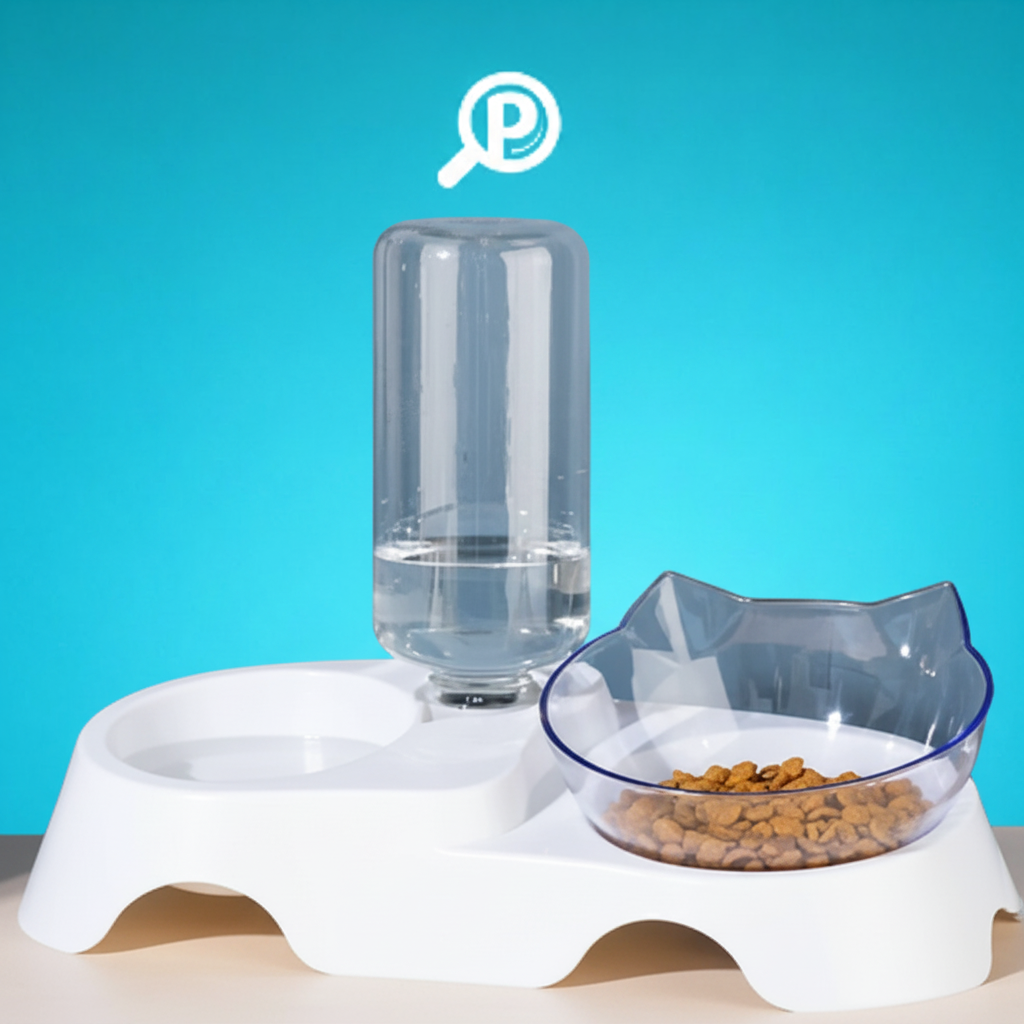 Dispensador compacto de agua y comida para mascotas, con botella dosificadora de agua y recipiente transparente separable para comida, base compacta | Pillaca
