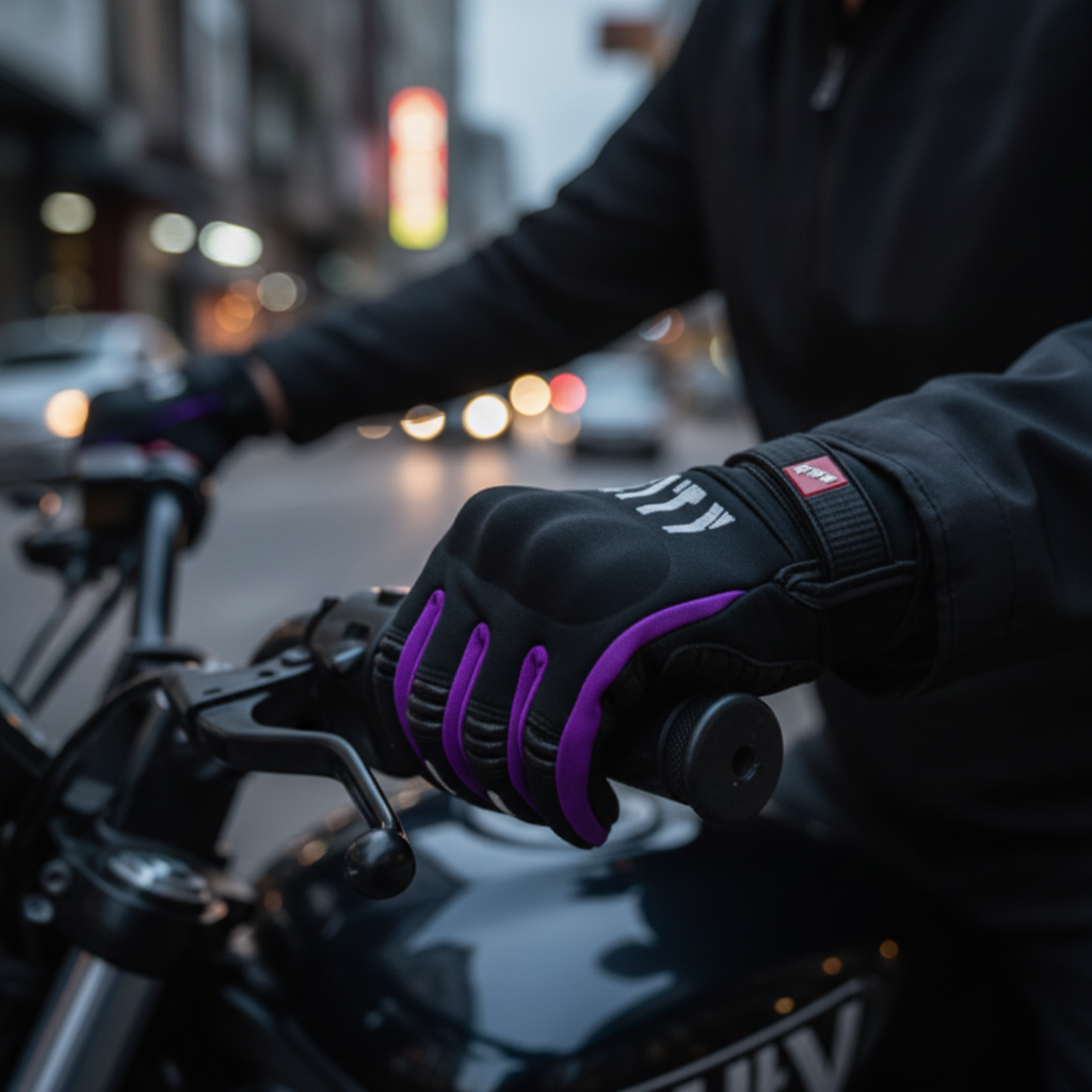 Guantes City Madmotors Morado en acción