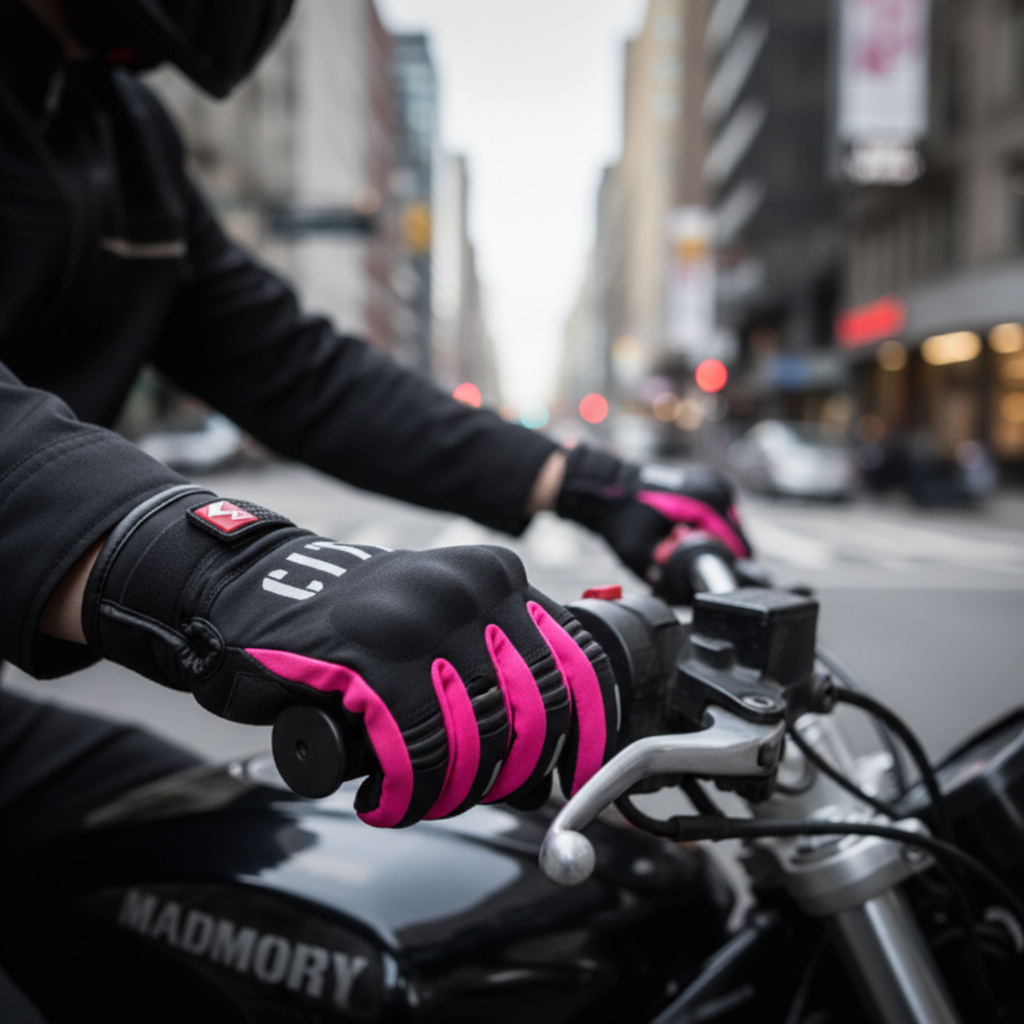 Guantes para moto MadMotor color rosado, protección reforzada en nudillos, agarre ergonómico y ajuste con velcro | Pillaca