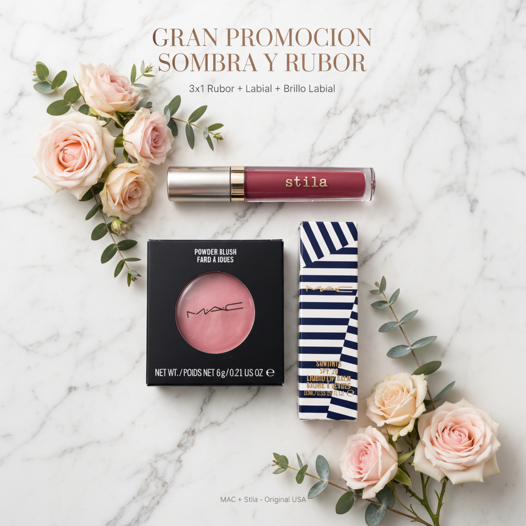 Combo de belleza MAC y Stila con rubor MAC Powder Blush, bálsamo labial MAC Suntints y pintura semibrillante Stila Michelangelo, 3 piezas exclusivas | Pillaca