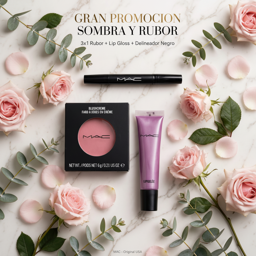 Combo MAC con rubor en crema, labial en gel y delineador negro, 3 productos esenciales auténticos | Pillaca