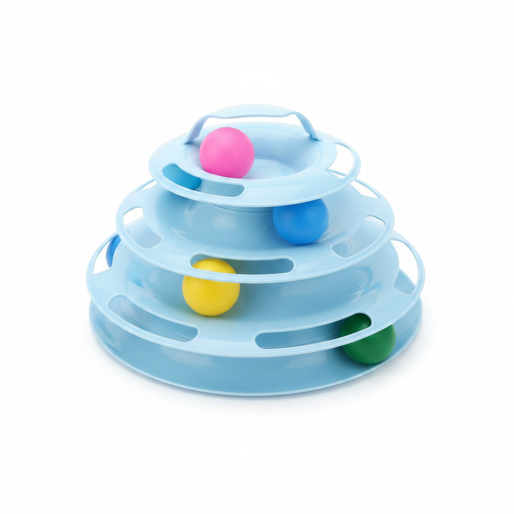 Torre interactiva de 4 niveles para gatos, con pelotas giratorias, material plástico ABS, estimulación física y mental, base estable | Pillaca