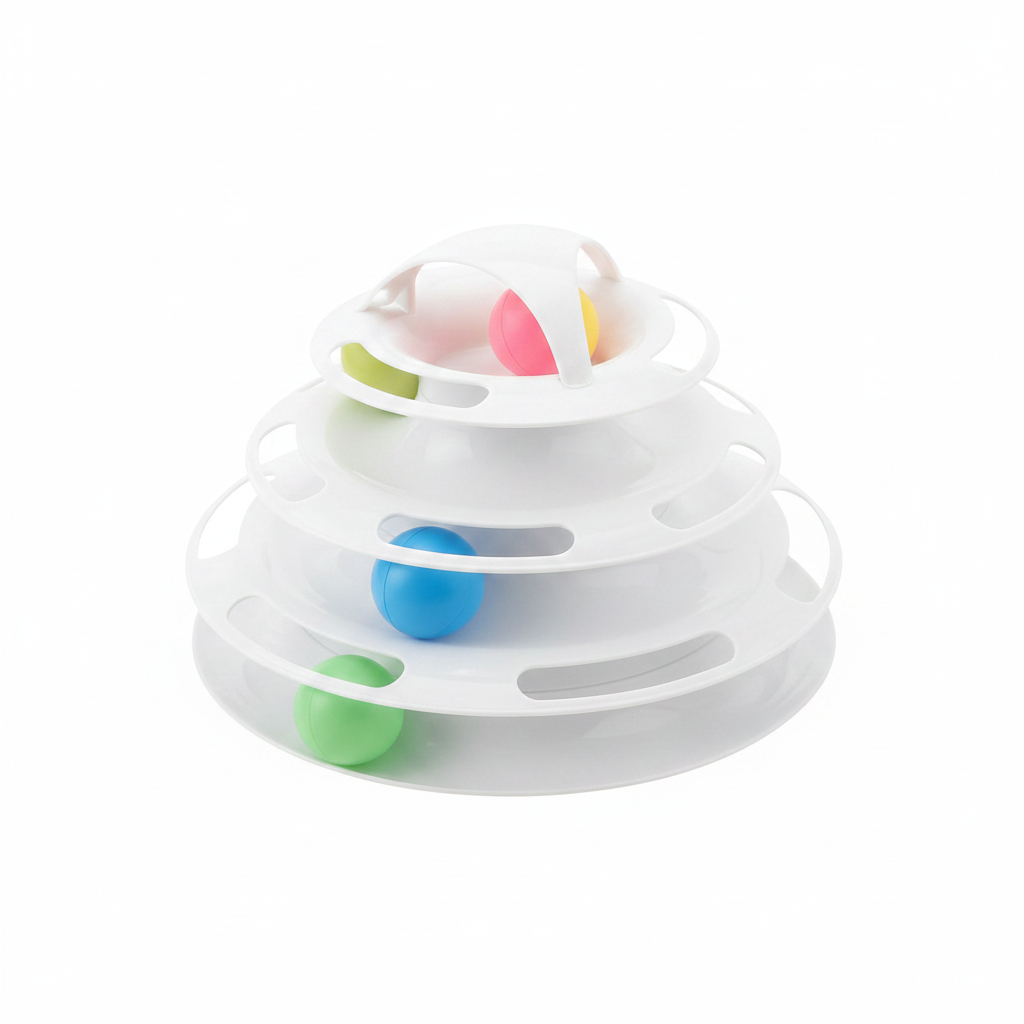 Torre interactiva de 4 niveles para gatos, con pelotas giratorias, material plástico ABS, estimulación física y mental, base estable | Pillaca