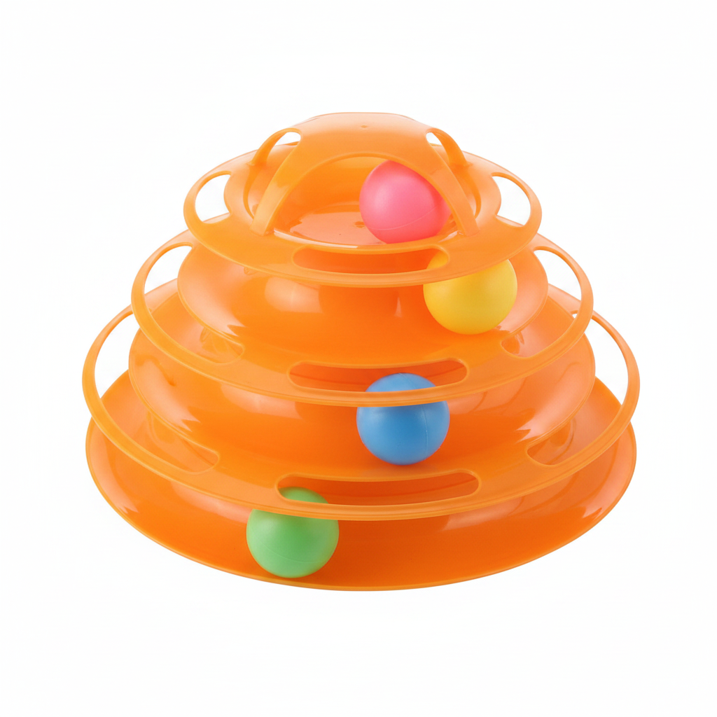 Torre interactiva de 4 niveles para gatos, con pelotas giratorias, material plástico ABS, estimulación física y mental, base estable | Pillaca