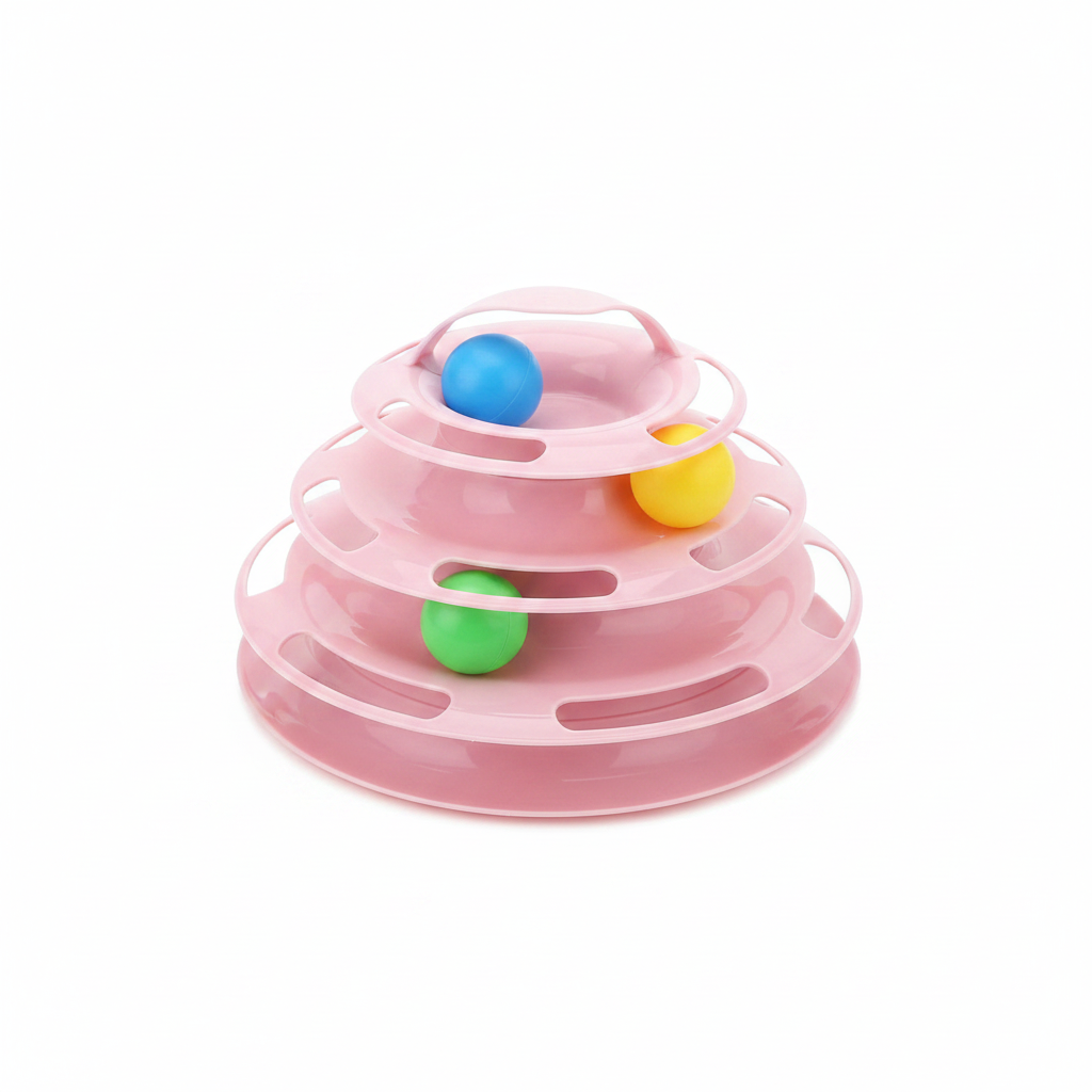 Torre interactiva de 4 niveles para gatos, con pelotas giratorias, material plástico ABS, estimulación física y mental, base estable | Pillaca
