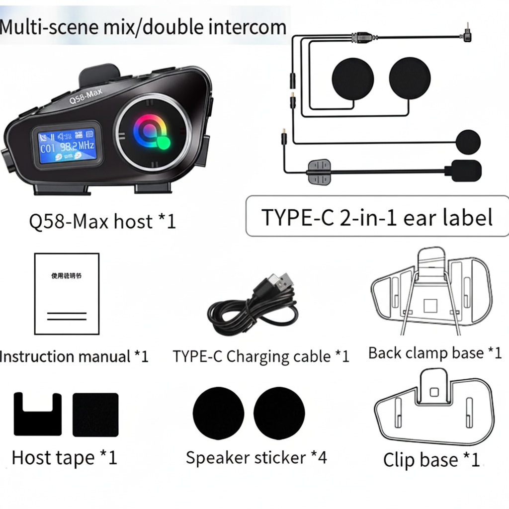 Intercomunicador Q58 Max para moto, alcance 500 metros, audio DSP dual, 6 efectos EQ, batería 1000mAh, 25 horas de duración | Pillaca