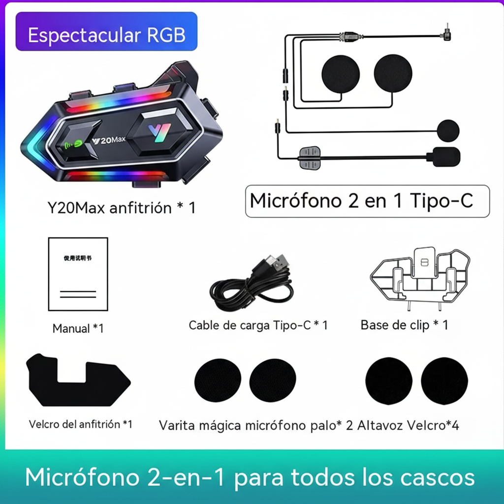 Intercomunicador Y20 Max para moto, conexión dual, alcance 300 metros, 25 horas de batería, cancelación de ruido, resistente IPX6, luces RGB | Pillaca