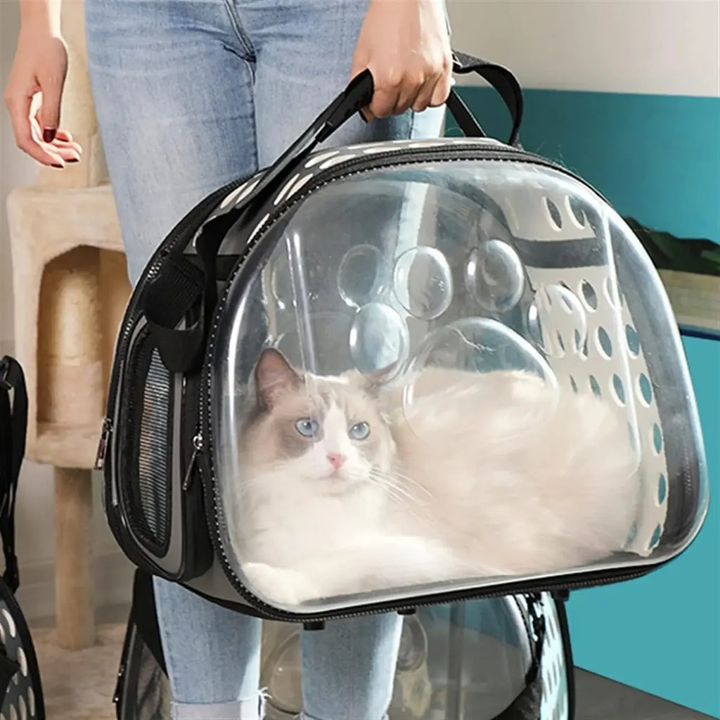 Transportador transparente plegable para gatos, lados suaves, ventilación superior y lateral, base antideslizante, doble sistema de transporte, medidas 42x28.5x33 cm | Pillaca