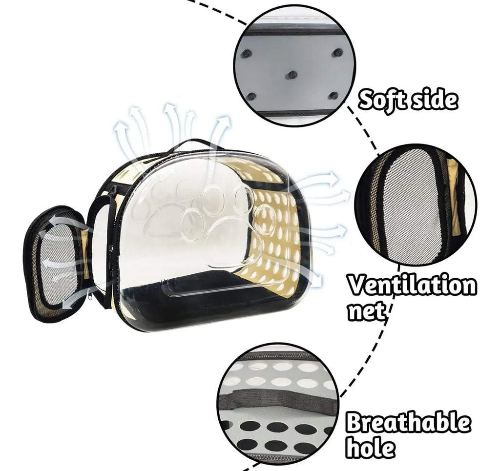 Transportador transparente plegable para gatos, lados suaves, ventilación superior y lateral, base antideslizante, doble sistema de transporte, medidas 42x28.5x33 cm | Pillaca
