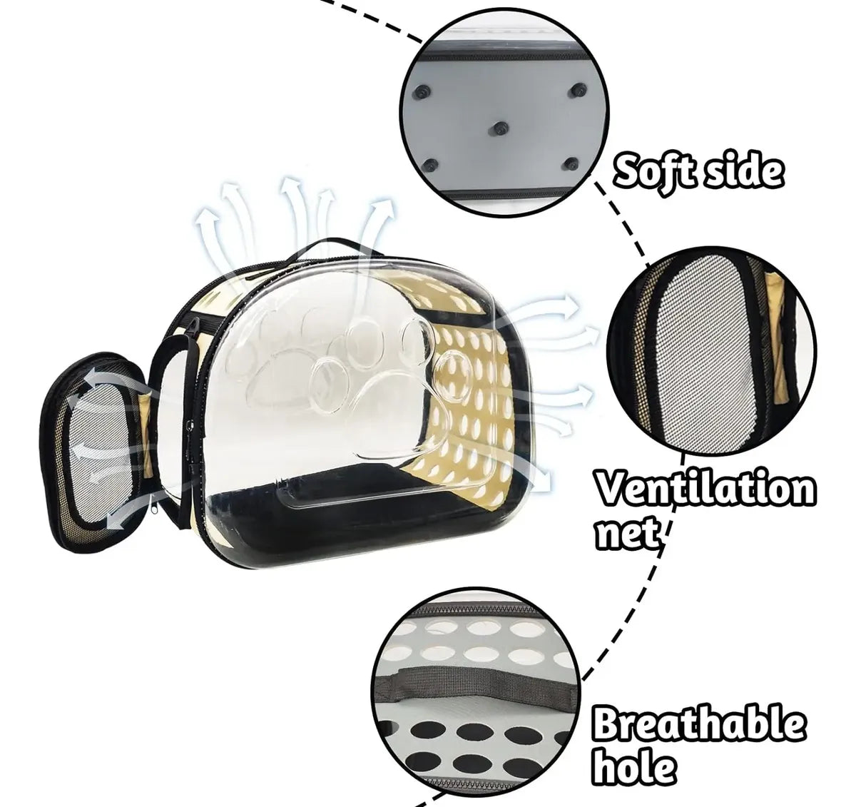 Transportador transparente plegable para gatos, lados suaves, ventilación superior y lateral, base antideslizante, doble sistema de transporte, medidas 42x28.5x33 cm | Pillaca
