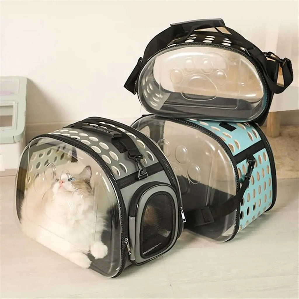 Transportador transparente plegable para gatos, lados suaves, ventilación superior y lateral, base antideslizante, doble sistema de transporte, medidas 42x28.5x33 cm | Pillaca
