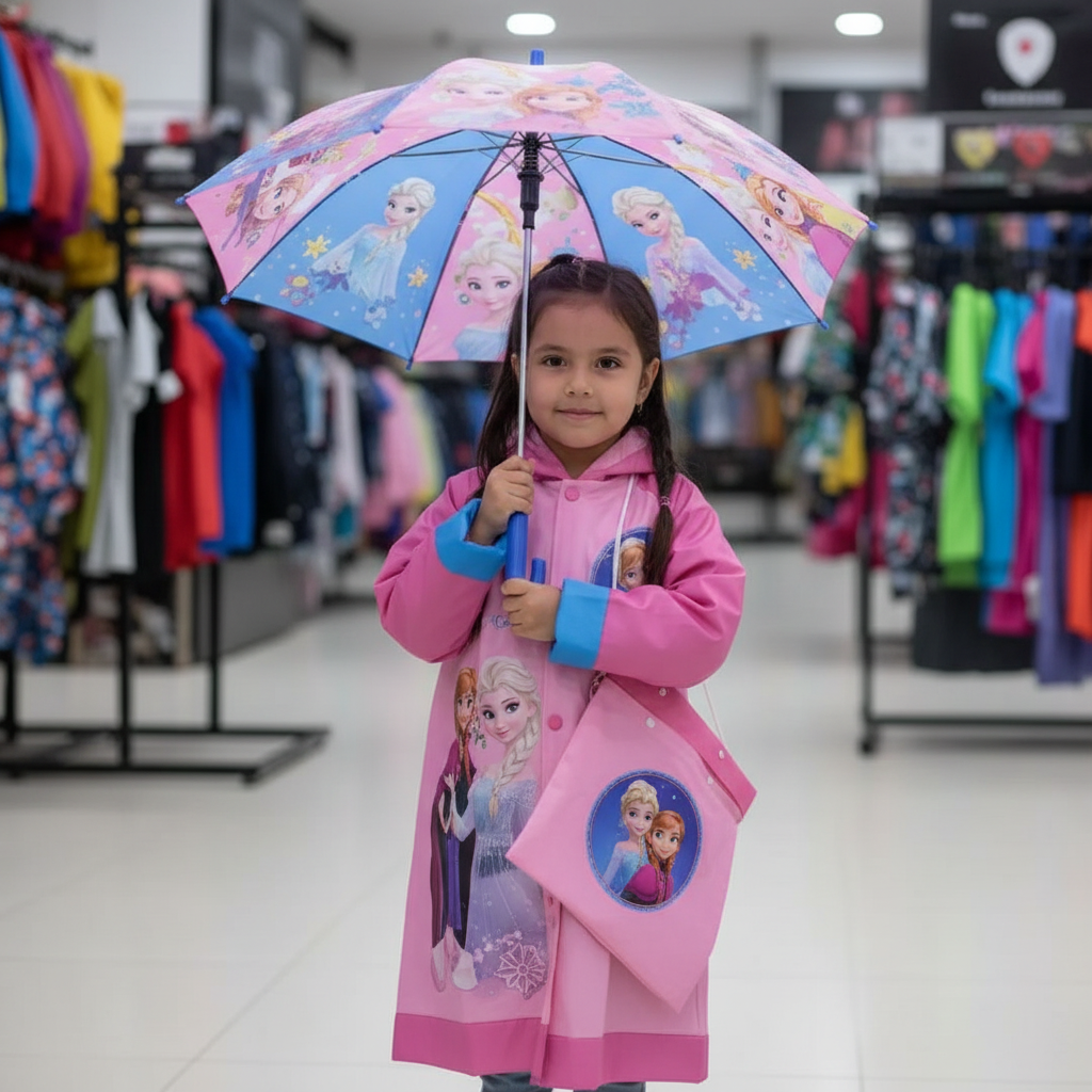 Kit impermeable infantil con sombrilla e impermeable, motivos Frozen, Hello Kitty o Princesas, talla para niños de 4 a 8 años, protección contra lluvia | Pillaca