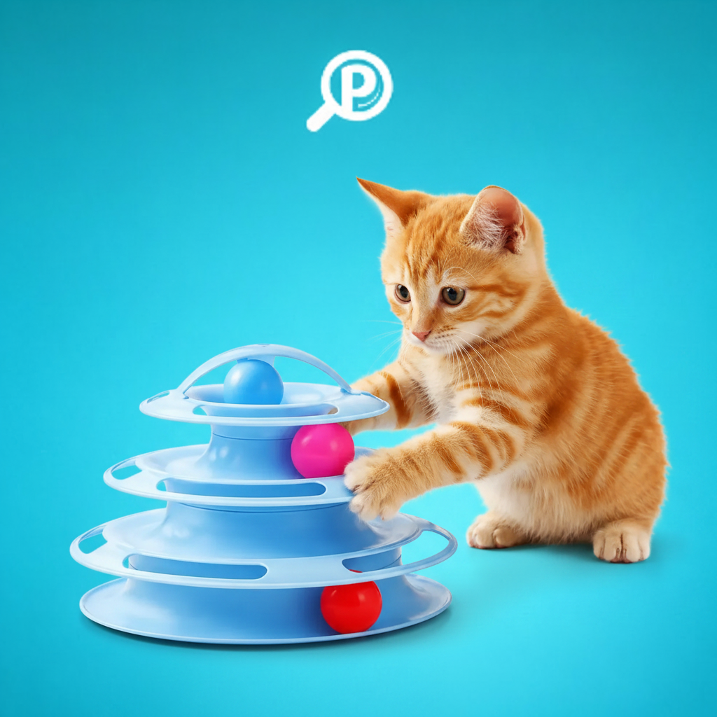 Torre interactiva de 4 niveles para gatos, con pelotas giratorias, material plástico ABS, estimulación física y mental, base estable | Pillaca