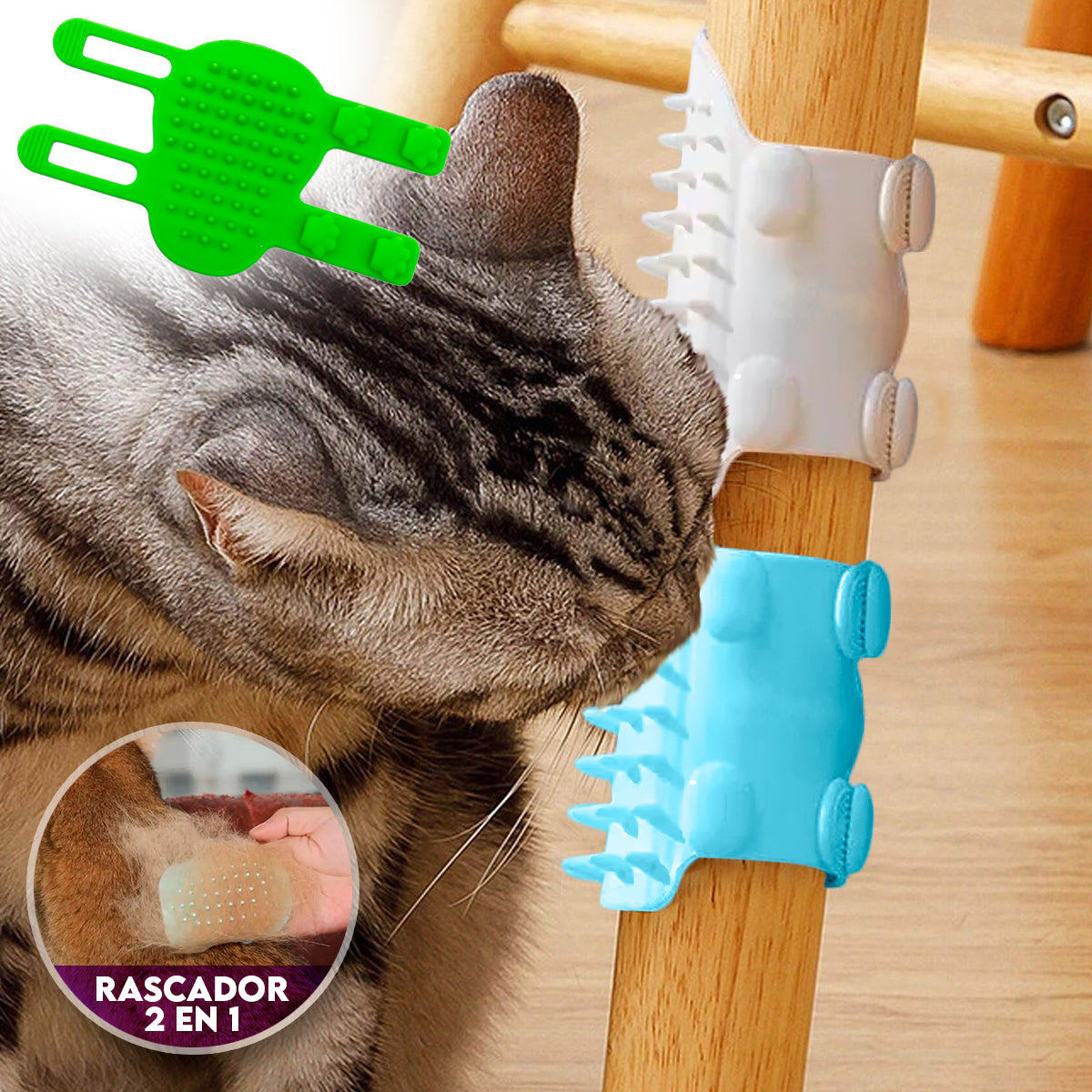 Rascador de silicona color rojo en forma curva sobre una alfombra junto a un gato gris | Pillaca