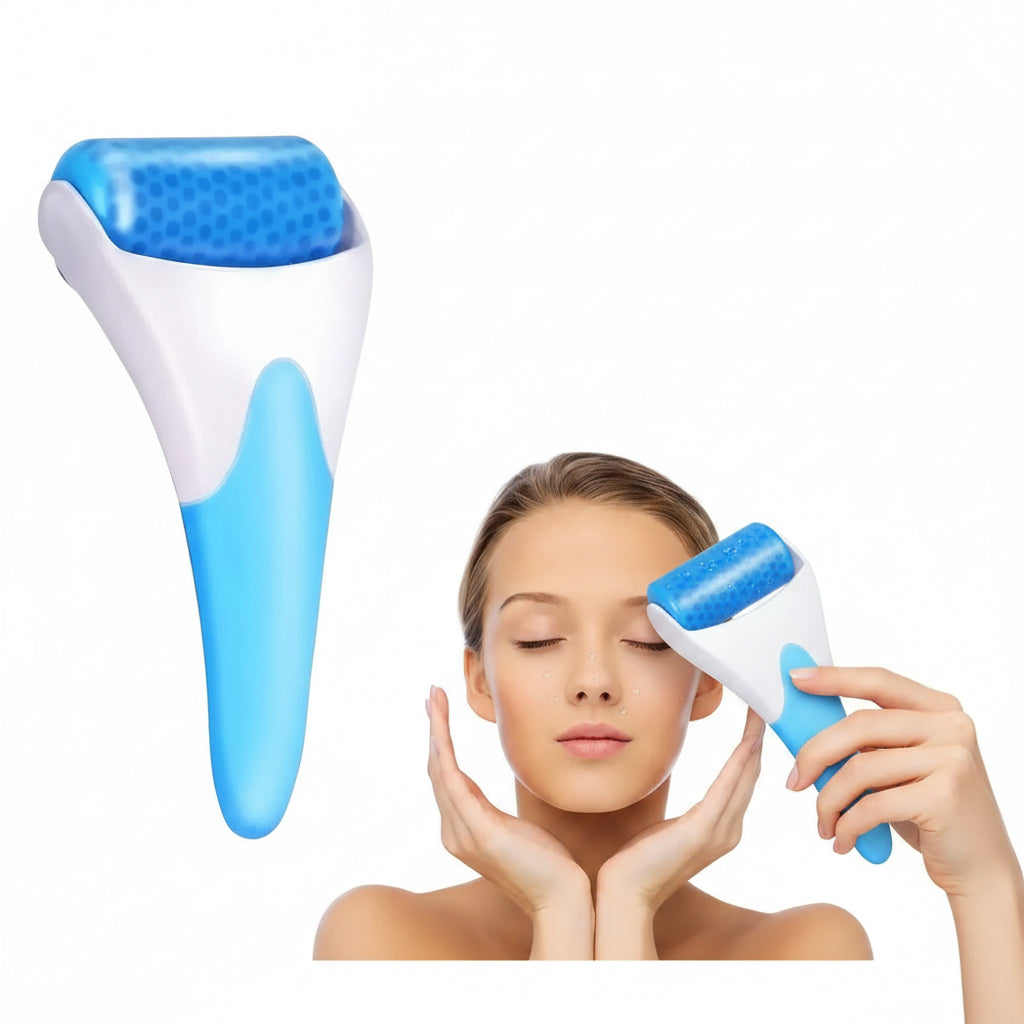 Rodillo facial de hielo color blanco con mango antideslizante sobre fondo azul claro | Pillaca