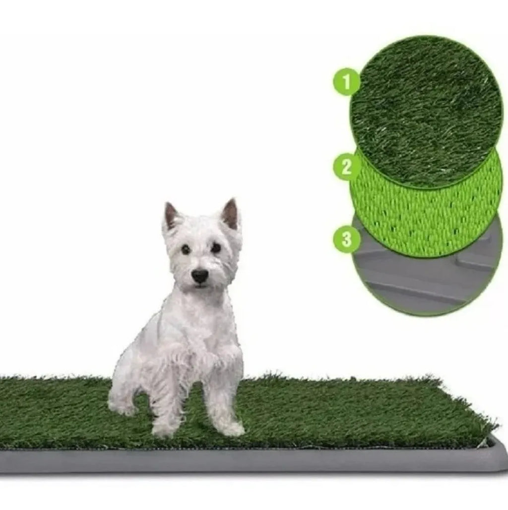 Tapete Potty Patch para mascotas, sistema de 3 niveles con césped sintético antimicrobiano, charola reja y base recolectora, medidas 68x42x5 cm | Pillaca