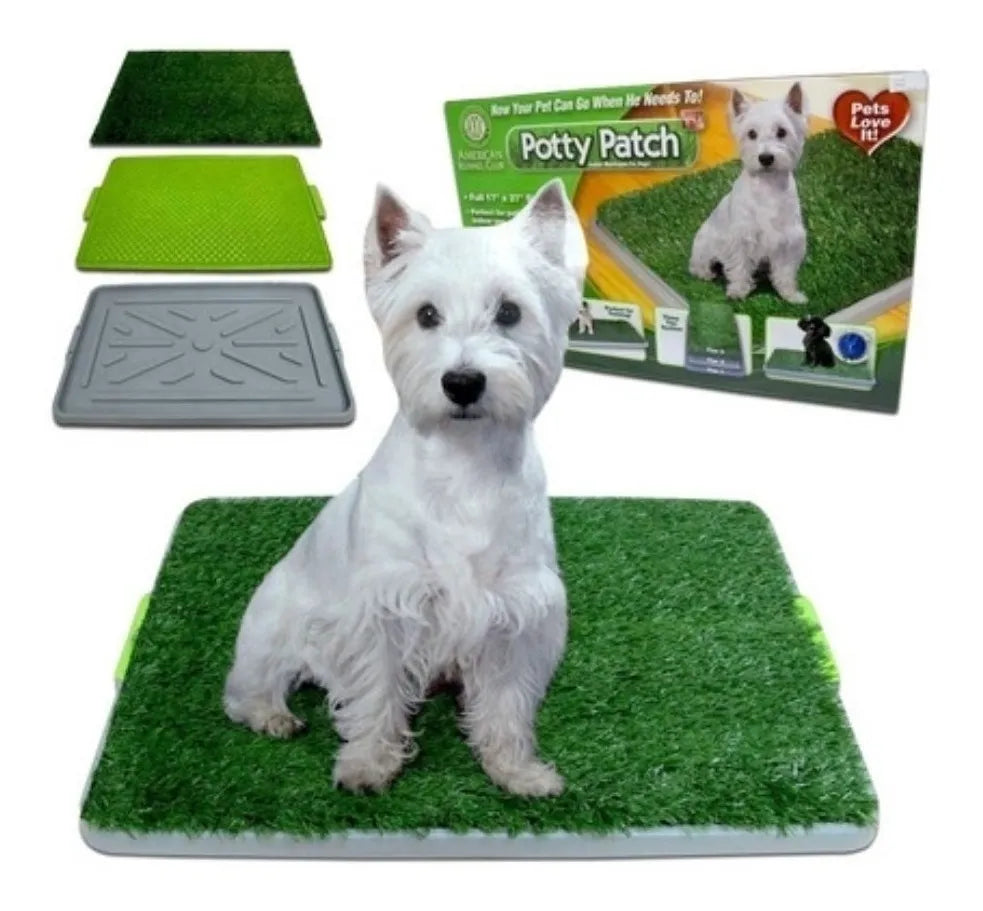 Tapete Potty Patch para mascotas, sistema de 3 niveles con césped sintético antimicrobiano, charola reja y base recolectora, medidas 68x42x5 cm | Pillaca