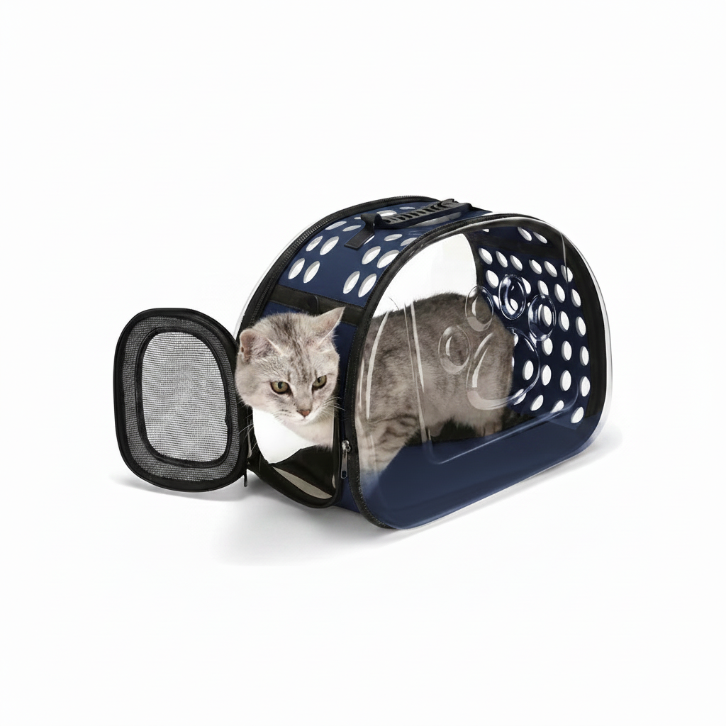 Transportador transparente plegable para gatos, lados suaves, ventilación superior y lateral, base antideslizante, doble sistema de transporte, medidas 42x28.5x33 cm | Pillaca