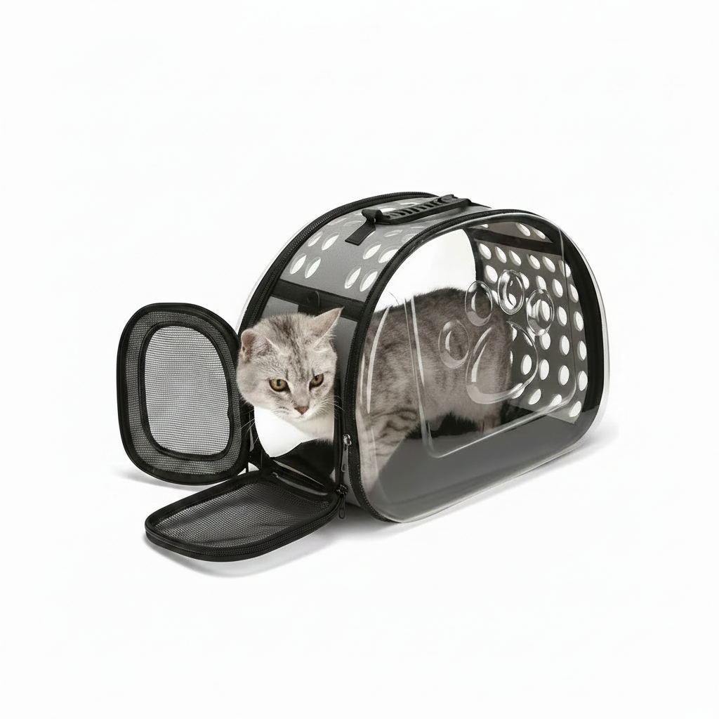 Transportador transparente plegable para gatos, lados suaves, ventilación superior y lateral, base antideslizante, doble sistema de transporte, medidas 42x28.5x33 cm | Pillaca