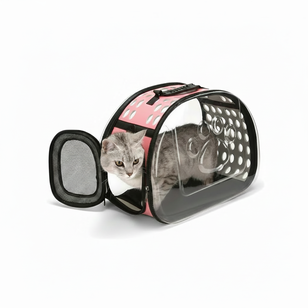 Transportador transparente plegable para gatos, lados suaves, ventilación superior y lateral, base antideslizante, doble sistema de transporte, medidas 42x28.5x33 cm | Pillaca