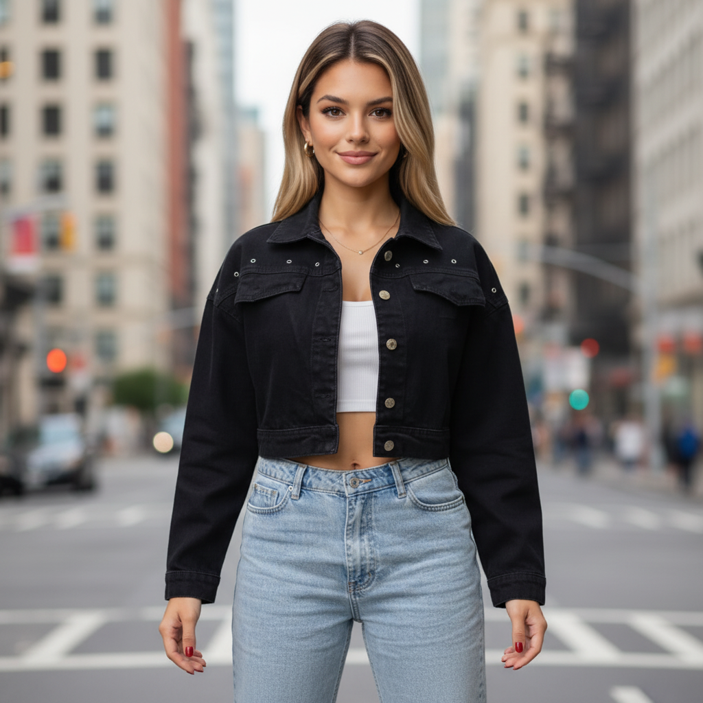 Vista frontal de la chaqueta negra con fondo urbano